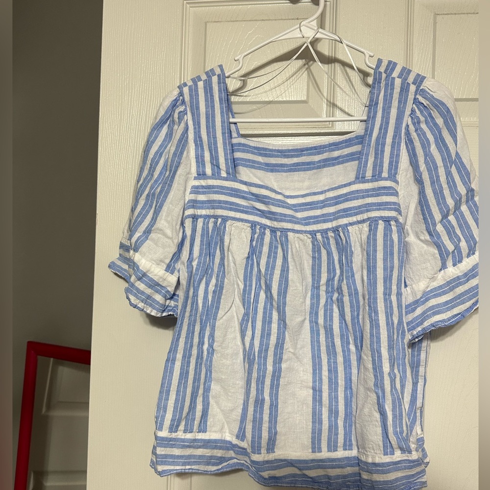 White with blue stripe shirt